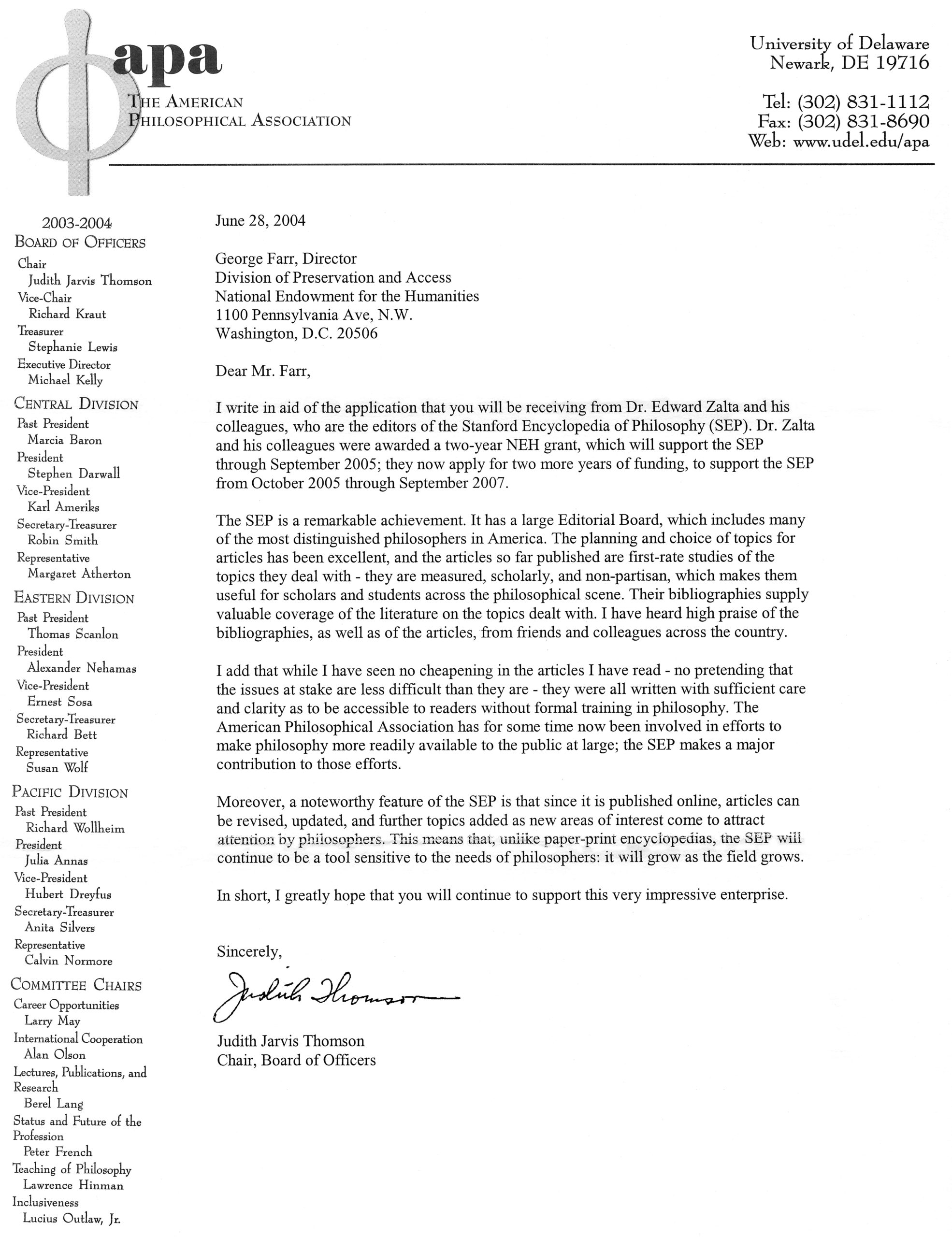 APA s Letter In Support Of NEH Grant