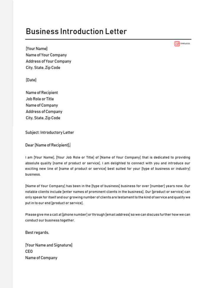 Templates For Introduction Business Letter