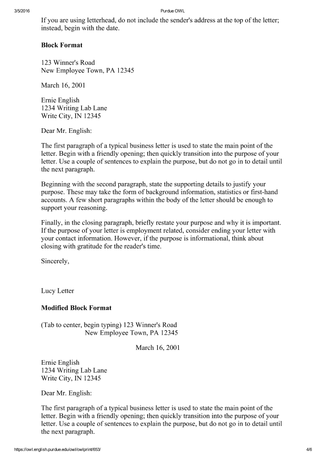 Business Letter Format Purdue Owl - Business Letter Format