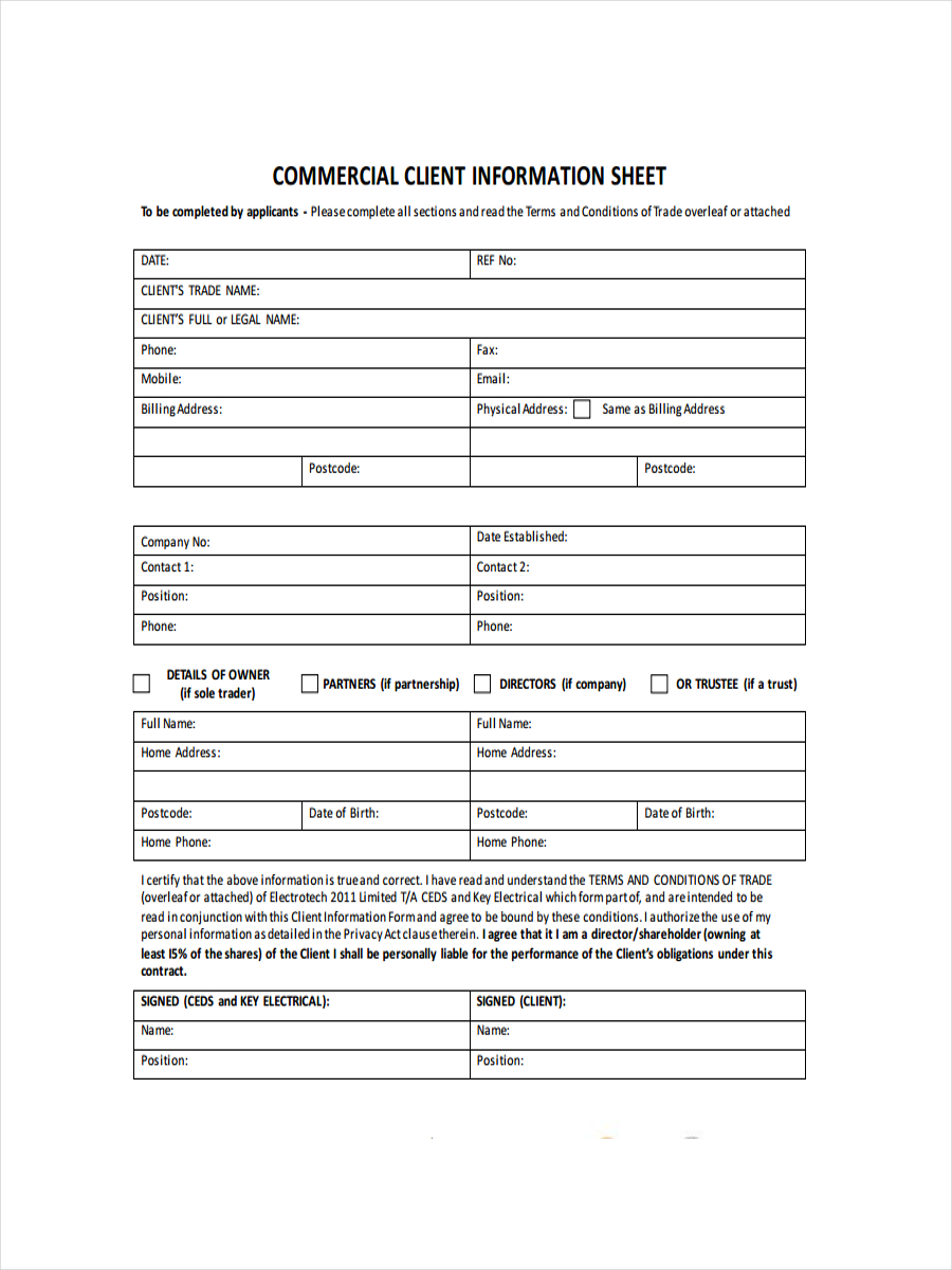 Business Printable Basic Customer Information Form Template Word