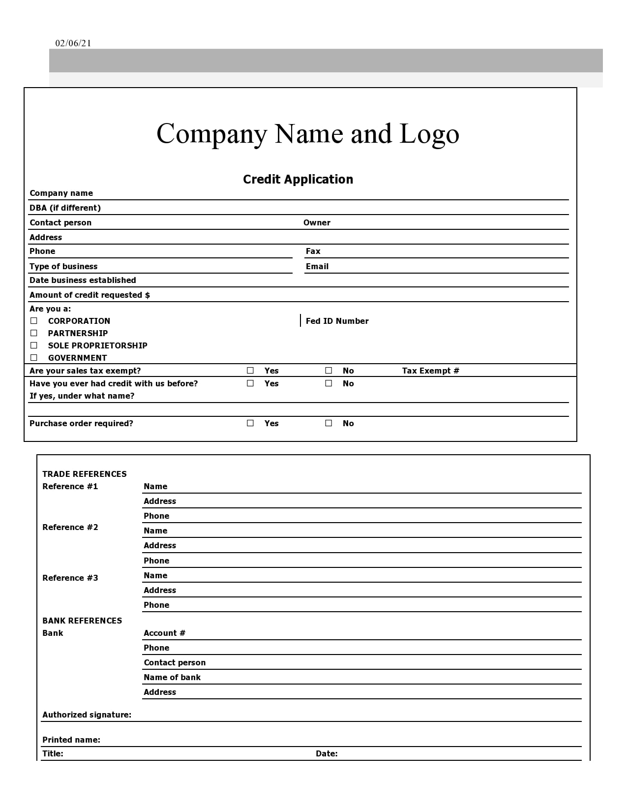 Printable Business Credit Application Form