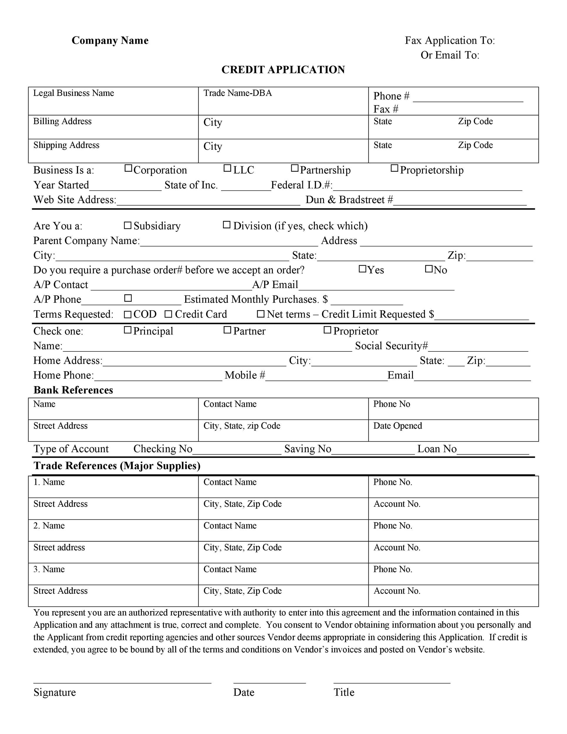 Printable Business Credit Application