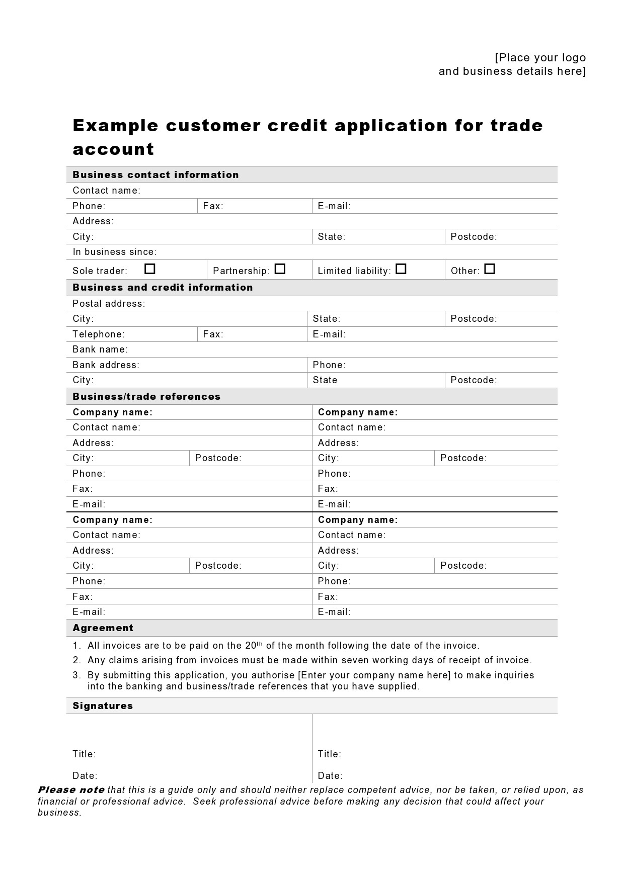 Printable Free Business Credit Application Template Word