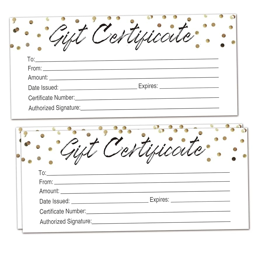 Amazon 25 Gold Dots Blank Gift Certificates For Small Business Clients Or As Luxury Holiday Vouchers Massage Hair Nail Salon Spa DIY Coupon Cards For Birthday Him Her 