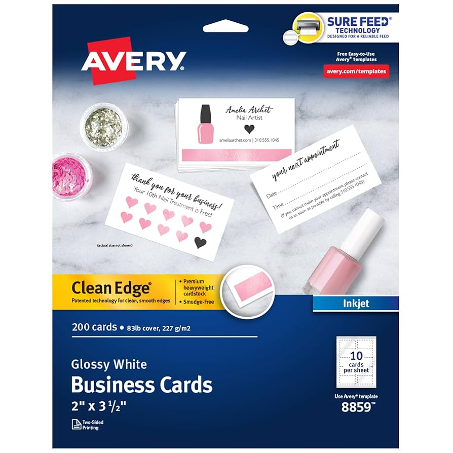 Amazon Avery Clean Edge Printable Business Cards With Sure Feed Technology 2 X 3 5 Glossy White 200 Blank Cards For Inkjet Printers 8859 Business Card Stock Office Products