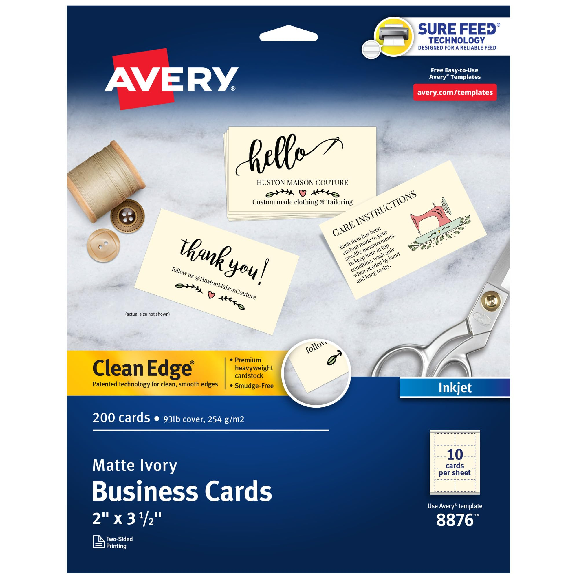 Amazon Avery Clean Edge Printable Business Cards With Sure Feed Technology 2 X 3 5 Ivory 200 Blank Cards For Inkjet Printers 08876 Business Card Stock Office Products