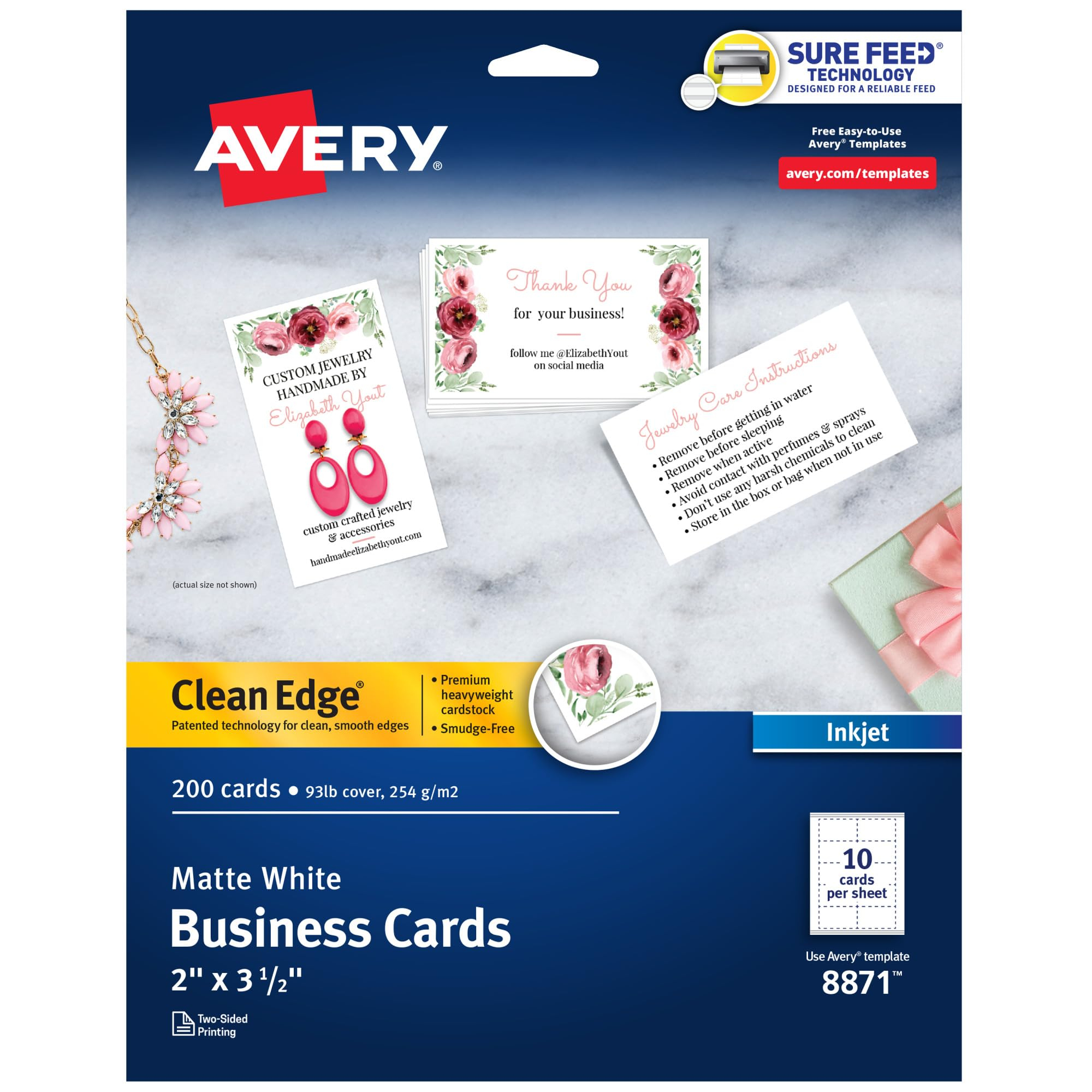 Amazon Avery Clean Edge Printable Business Cards With Sure Feed Technology 2 X 3 5 White 200 Blank Cards For Inkjet Printers 08871 Business Card Stock Office Products