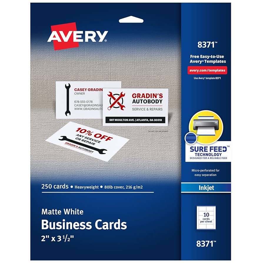 Amazon Avery Printable Business Cards With Sure Feed Technology 2 X 3 5 White 250 Blank Business Cards Inkjet Printer Paper 08371
