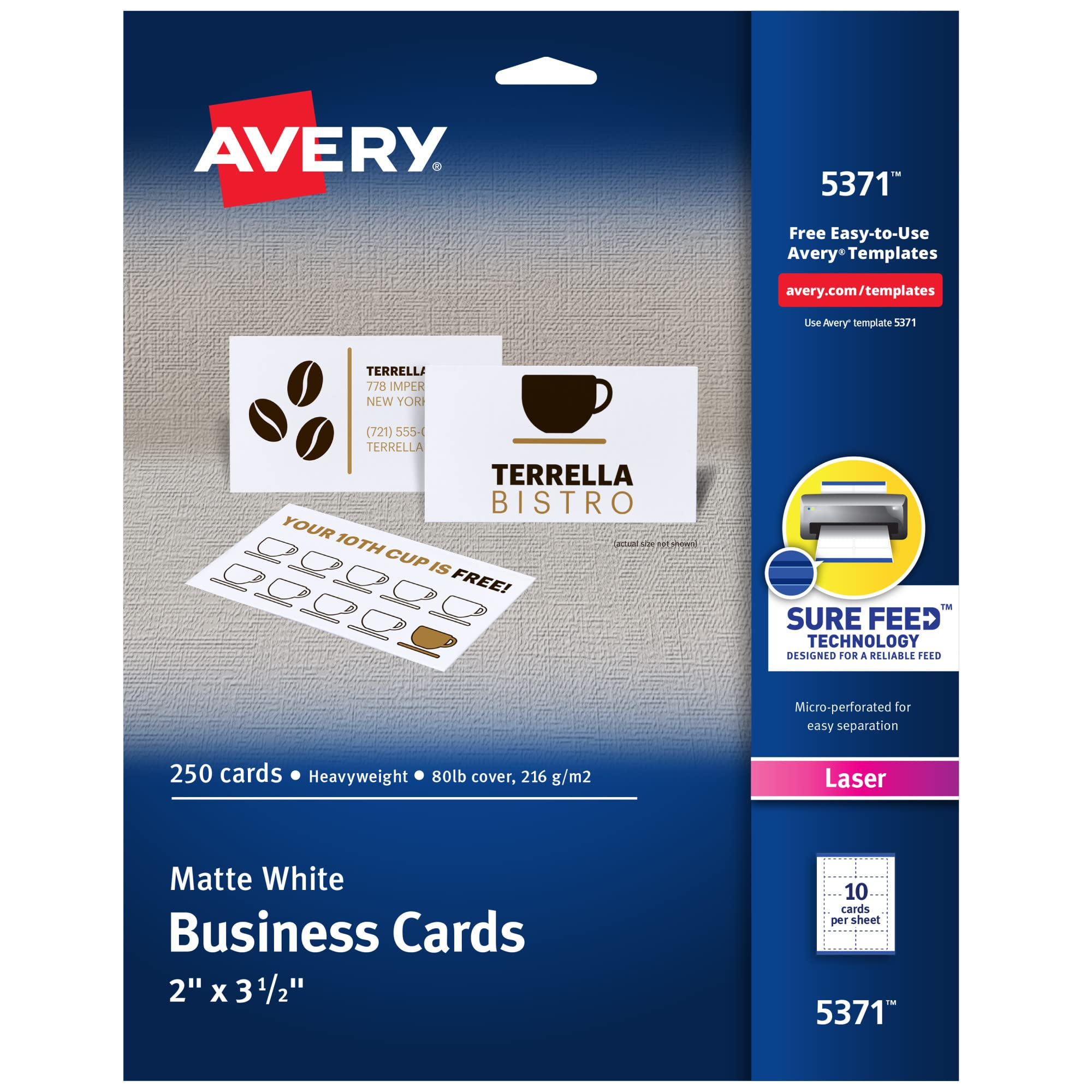 Amazon Avery Printable Business Cards With Sure Feed Technology 2 X 3 5 White 250 Blank Cards For Laser Printers 05371 Business Card Stock Office Products