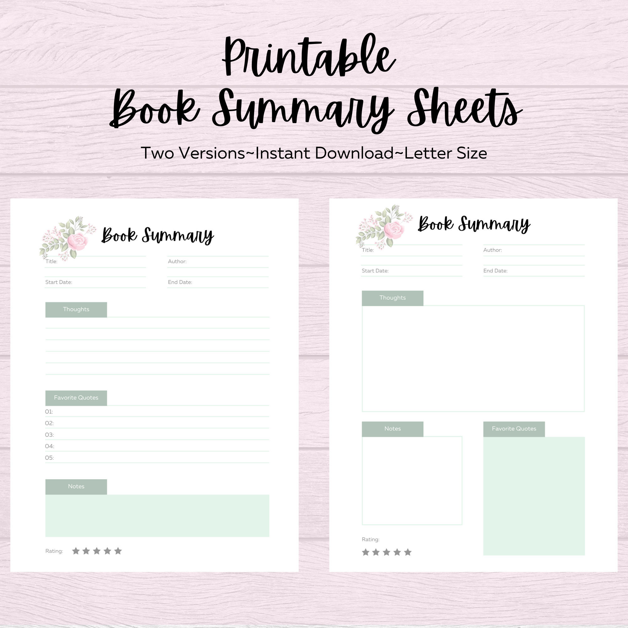 Book Summary Page Reading Summary Book Club Resource Printable Planner Inserts Etsy