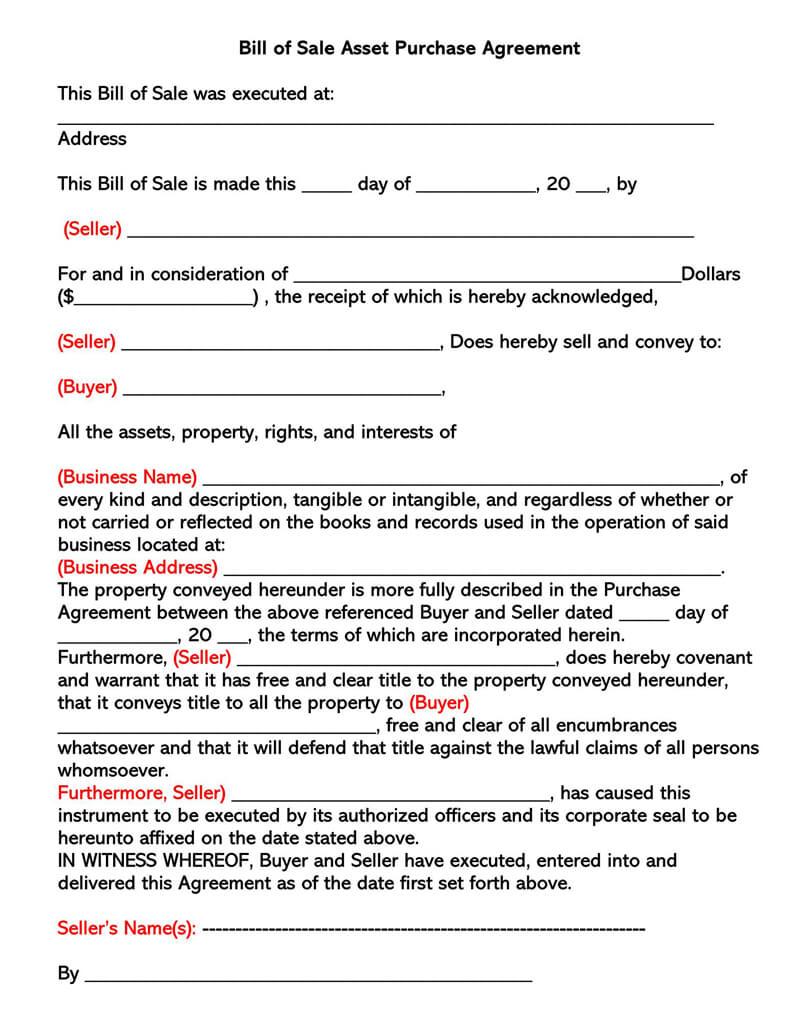 Printable Business Bill of Sale