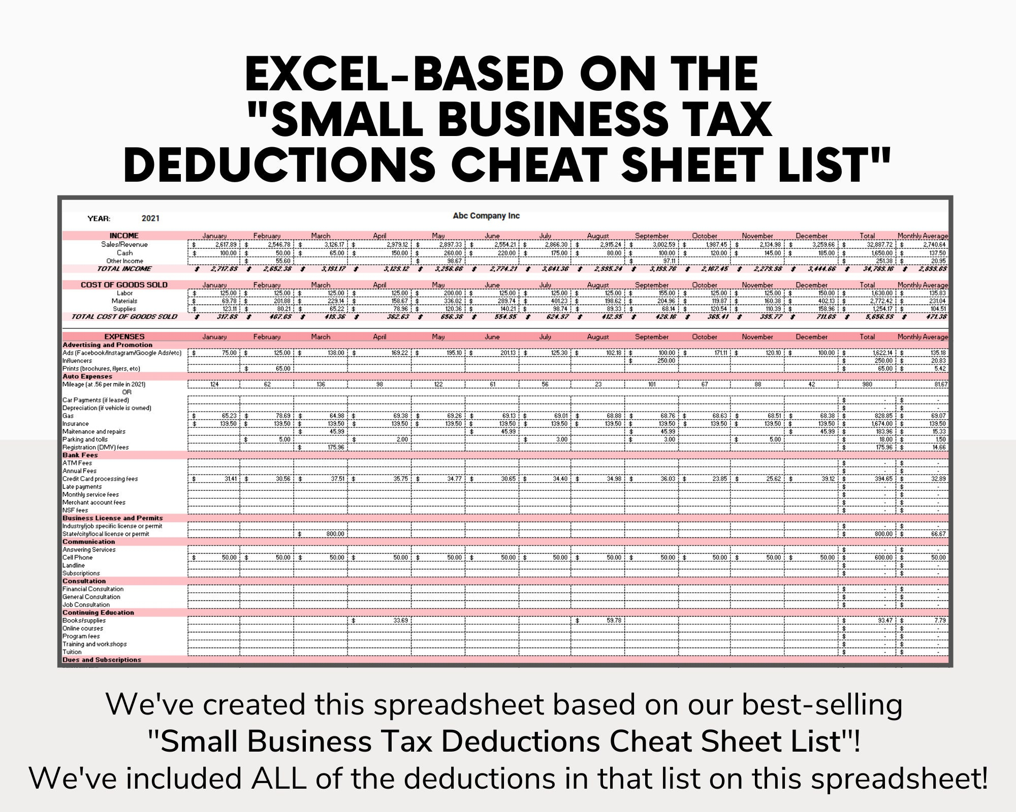 Business Tax Deductions Cheat Sheet Excel In PINK Tax Write Offs List Side Hustle Tax Deductions Tax Tips Small Business Etsy
