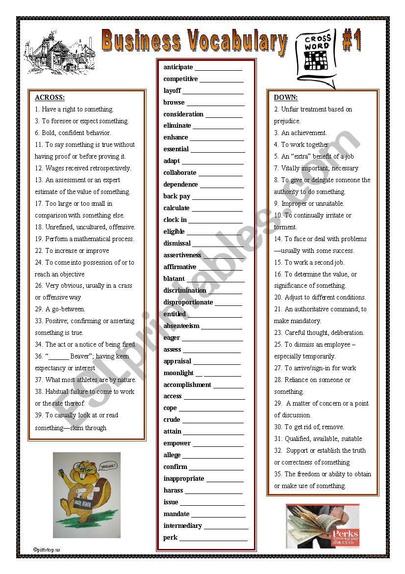 Business Vocabulary Crossword Puzzle 1 with Key ESL Worksheet By Douglas