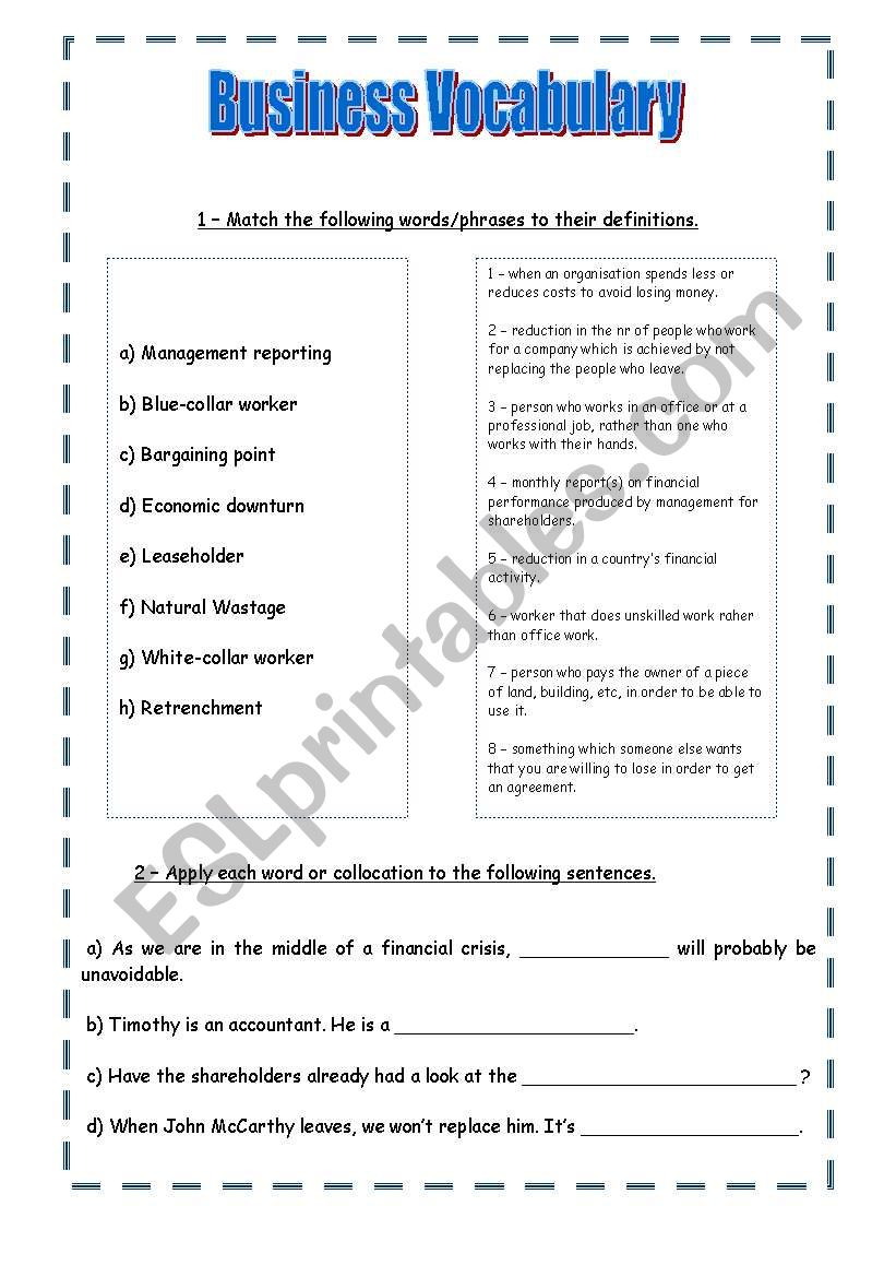 Business Vocabulary ESL Worksheet By ARaquelSP