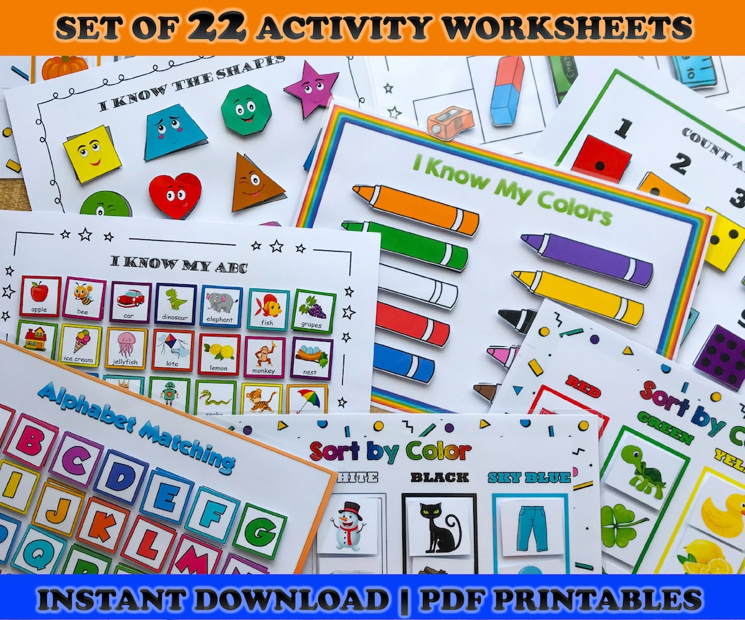 Busy Book Printable Worksheets Set Matching Activities Toddler Learning Binder Abc Alphabet Numbers Shapes Colors Preschool Etsy