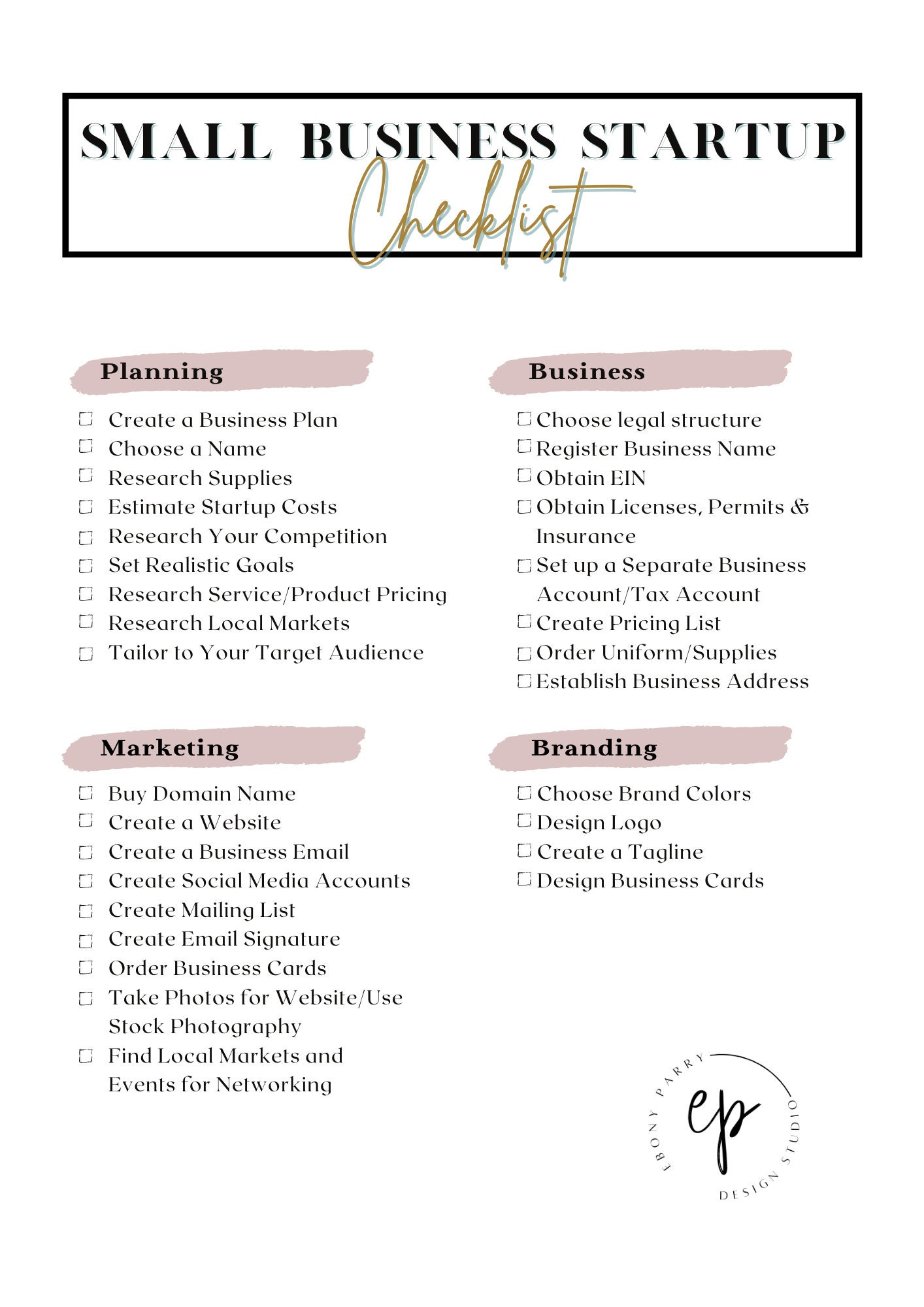 Elegant Small Business Startup Checklist Printable PDF Etsy