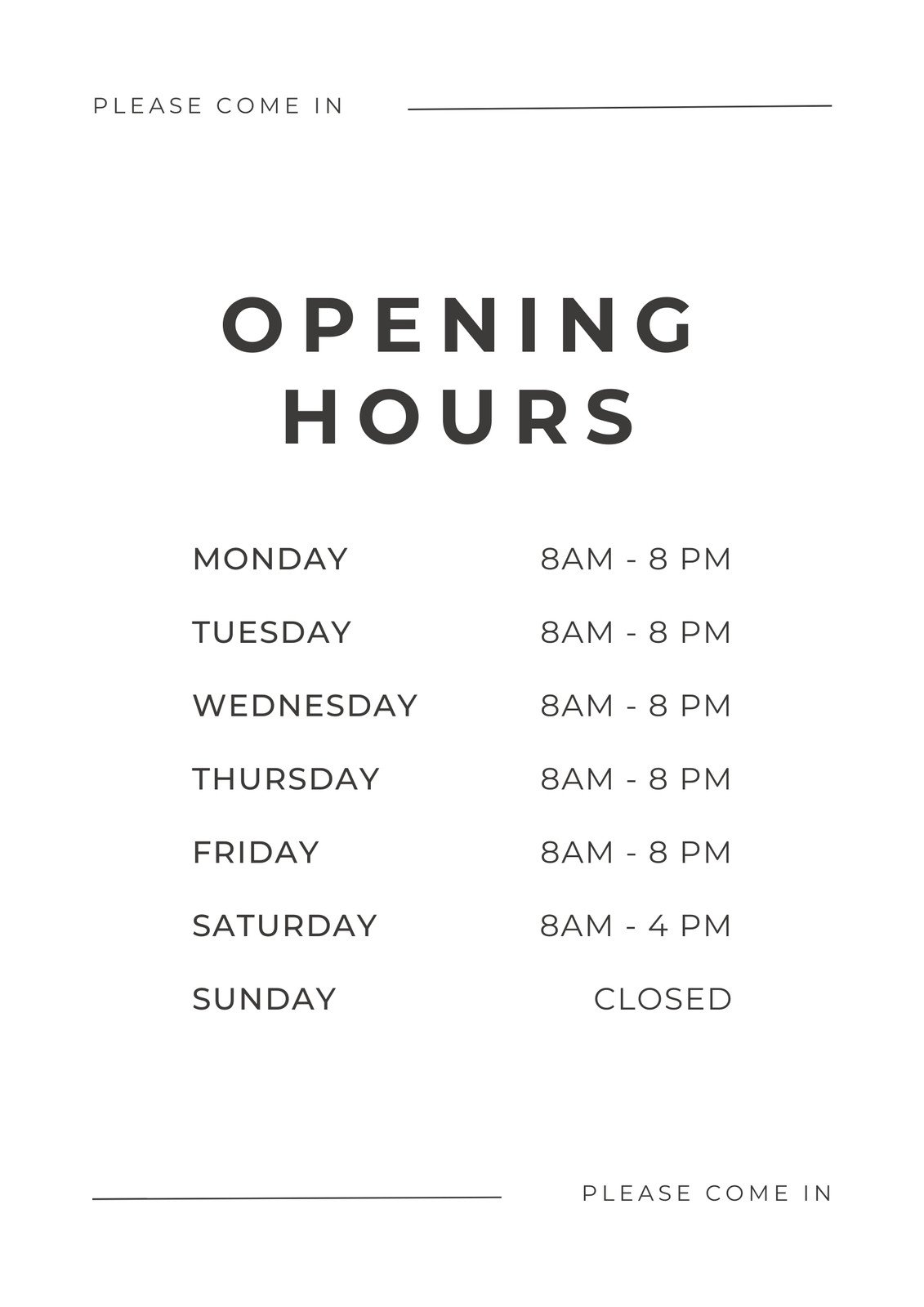 Printable Word Business Hours Template
