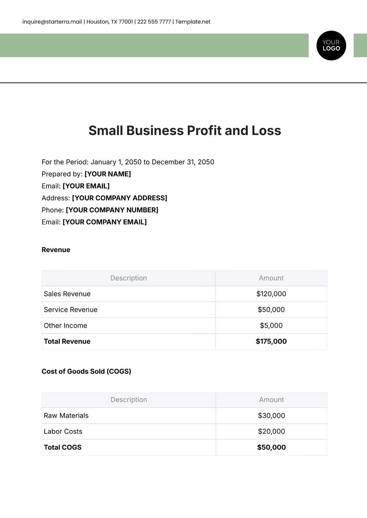 Free Small Business Profit And Loss Template To Edit Online
