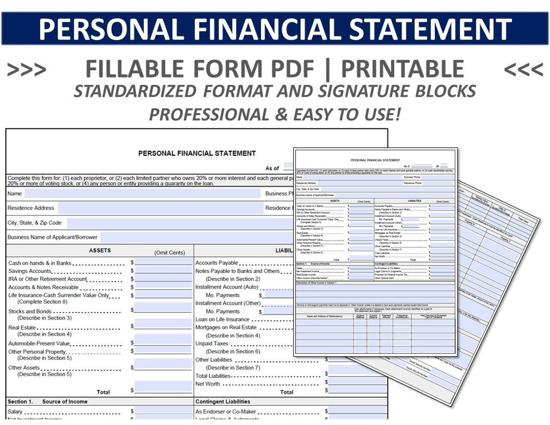 PERSONAL FINANCIAL STATEMENT Pfs Personal Balance Sheet Personal Financials For Loan Application Etsy