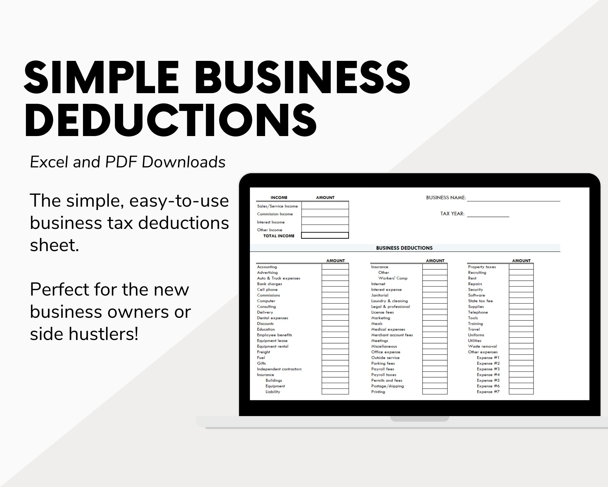 Simple Business Deductions Excel PDF Tax Deductions List For Side Hustles The Self Employed Home based Business Business Tax Prep Etsy