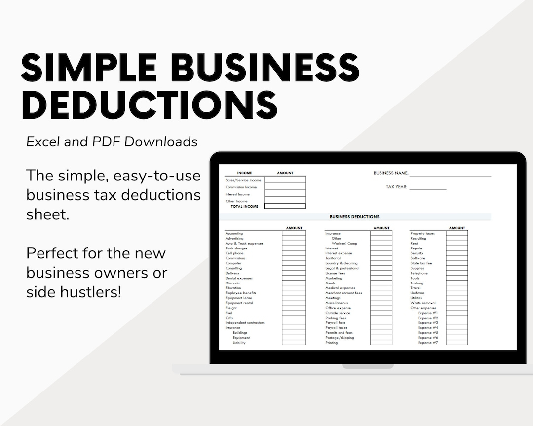Simple Business Deductions Excel PDF Tax Deductions List For Side Hustles The Self Employed Home based Business Business Tax Prep Etsy
