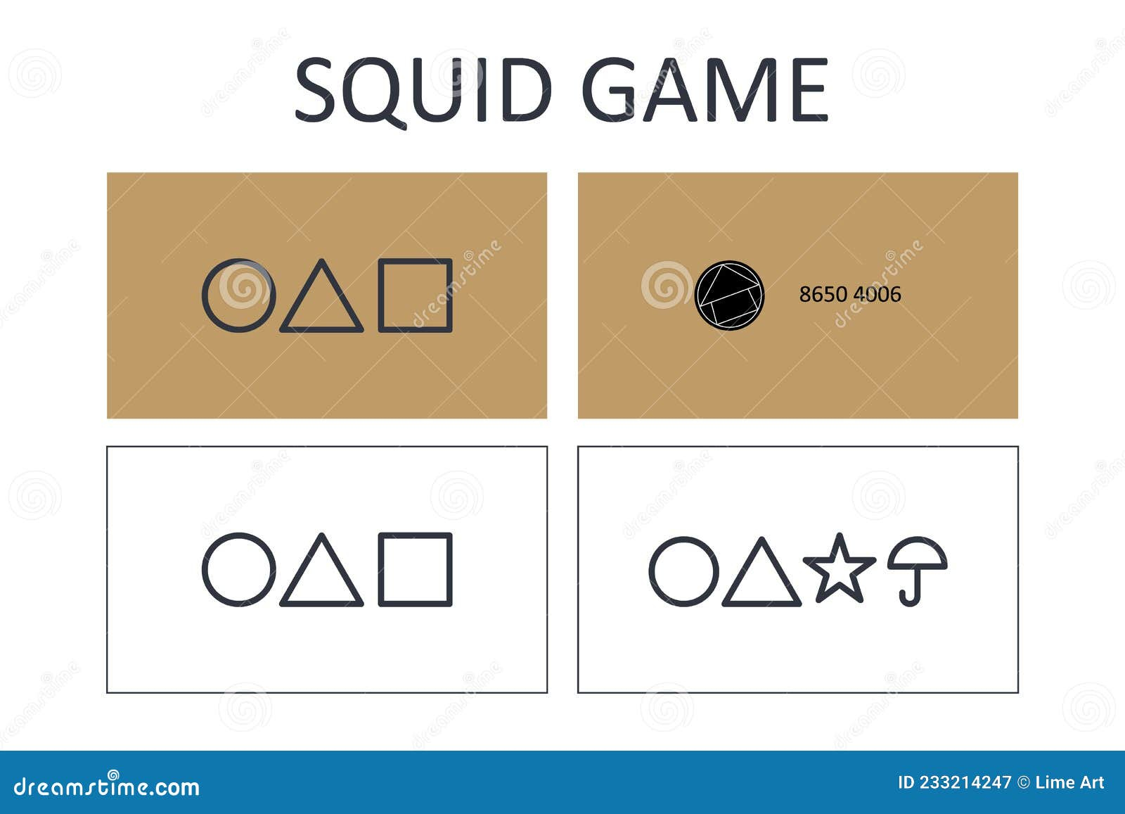 Vector Squid Games Business Card Template Vector Illustration Symbols Signs Circle Triangle Square Phone Number Star Umbrella Editorial Photography Illustration Of Round Label 233214247